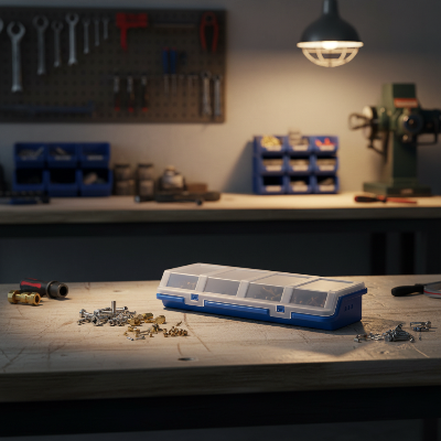 Boite à outils organisateur bleu dans atelier