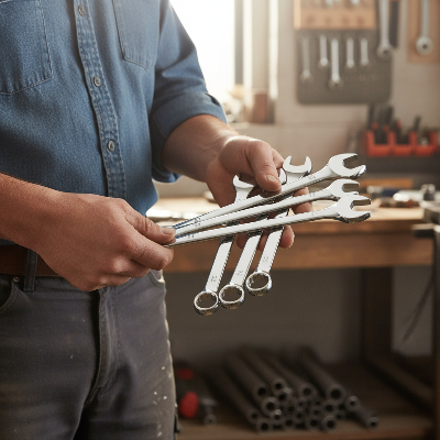 Bricoleur-tient-plusieurs-clé-plate-dans-ses-main