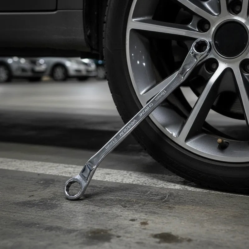 Clé plate coudée près roue de voiture