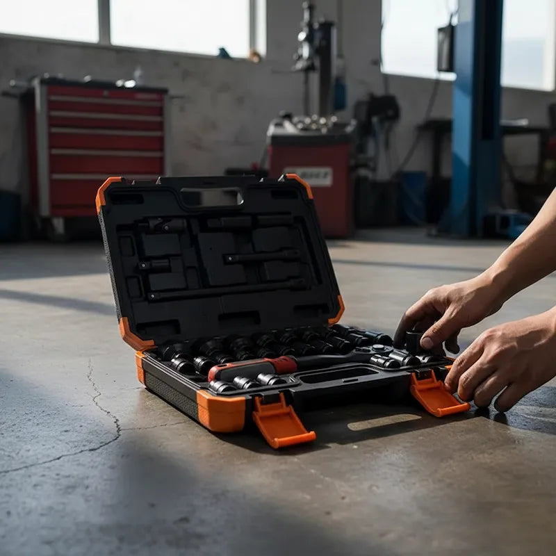 Coffret à douille sur plancher béton garage