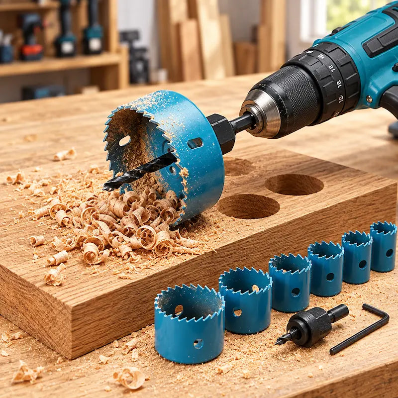 Coffret scie cloche bleue en action sur planche avec accessoires