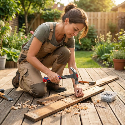Femme agenouillée répare terrasse avec marteau arrache clous