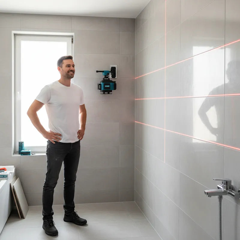 Homme fier dans salle de bain carrelée avec niveau laser 360