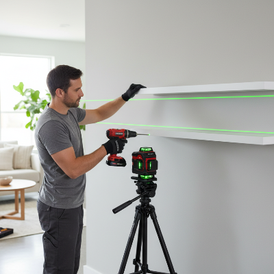Homme installant étagères dans son salon avec niveau laser 360