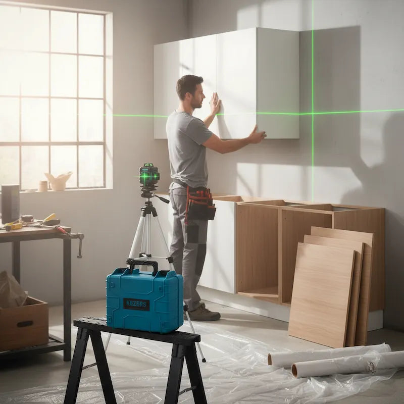 Homme installe cabinet cuisine avec niveau laser