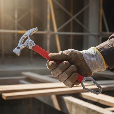 Homme tient marteau multifonction rouge sur chantier