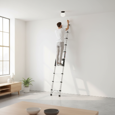 Homme utilise echelle telescopique pour atteindre hauteur