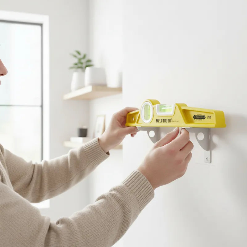 Homme utilise petit niveau à bulle pour installer tablettes
