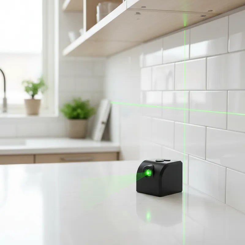 Niveau laser en croix pour rénover cuisine scandinave