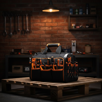 Sac a outils dans garage sur palette bois