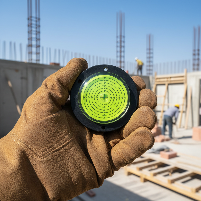 Travailleur chantier tient niveau-à-bulle-de-précision