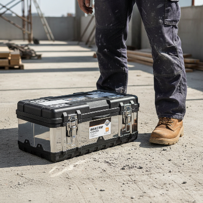 Travailleur de chantier professionnel avec boite a outils