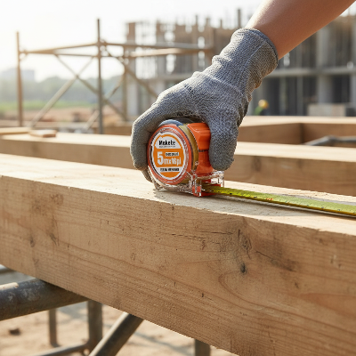 Travailleur sur chantier utilise metre ruban orange