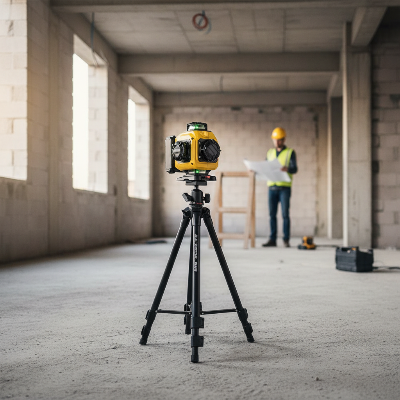Travailleur utilise niveau laser trepied sur chantier