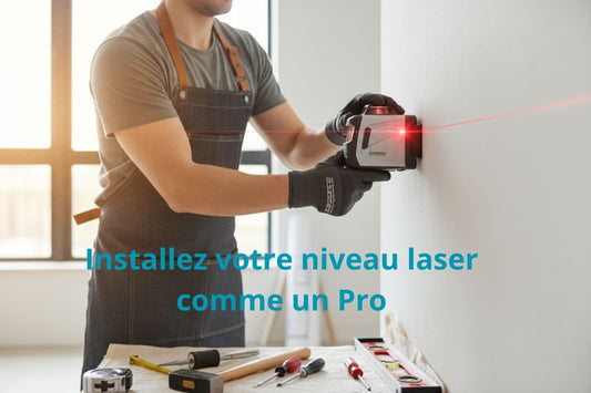 Personne installant un niveau laser sur un mur avec faisceau laser visible