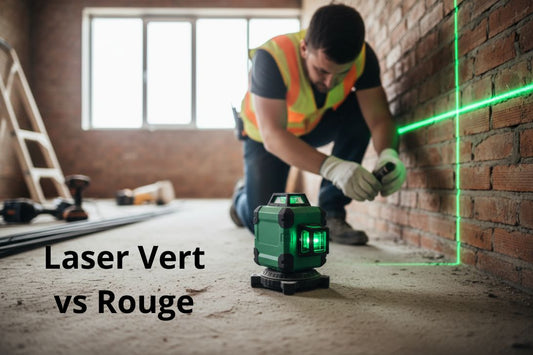 Professionnel utilisant un niveau laser à lignes croisées vertes sur un mur de brique