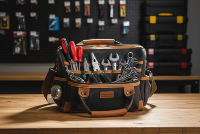 Sac a outils professionnel ouvert avec tournevis, pinces et clés organisés