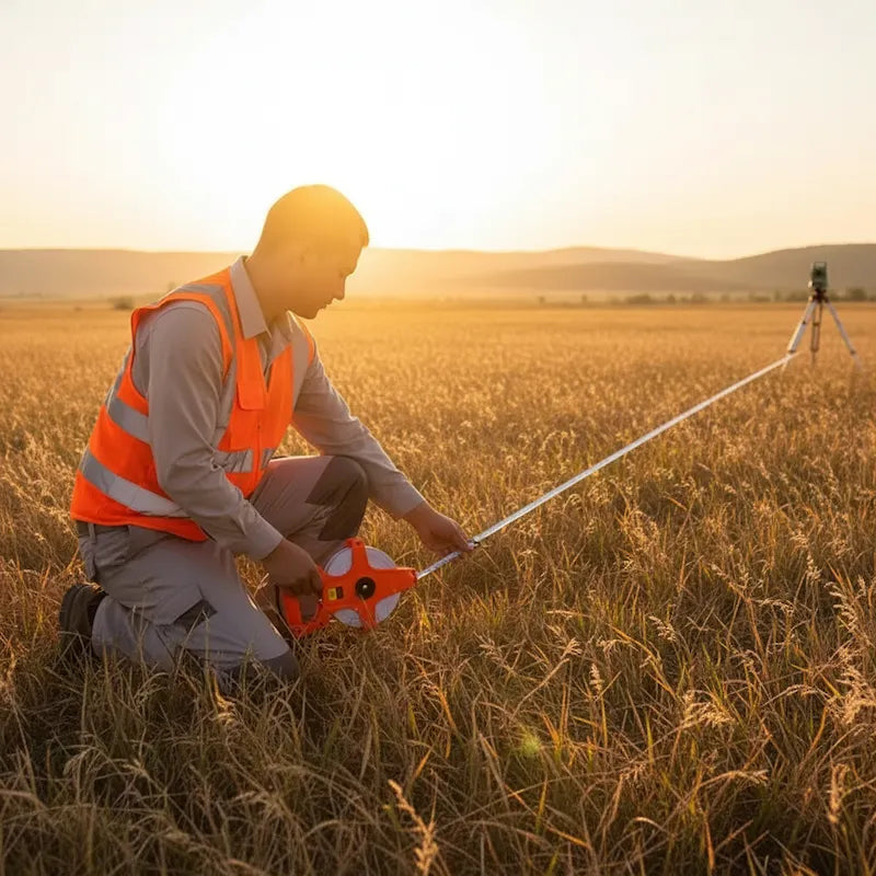 Arpenteur utilise metre ruban 100m