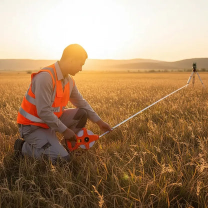 Arpenteur utilise metre ruban 100m