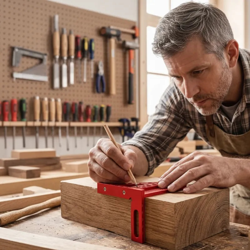 Artisan bricole bois avec equerre menuisier