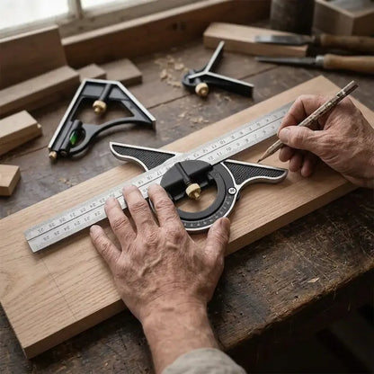 Artisan utilise equerre de tracage pour couper bois en angle
