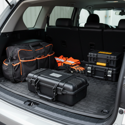 Boite à outils dans coffre de voiture