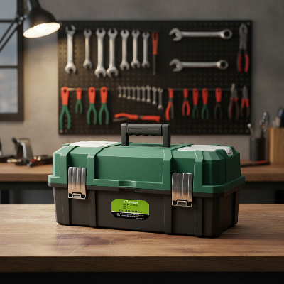 Boite a outils fermée sur établi rangé