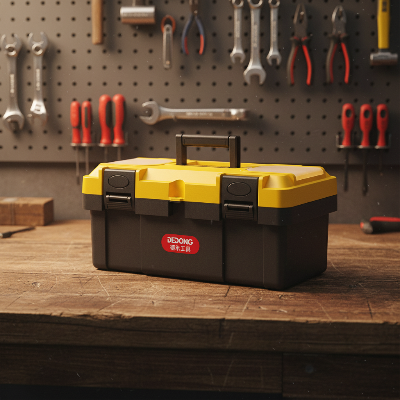 boite a outils jaune sur établi avec outils mur