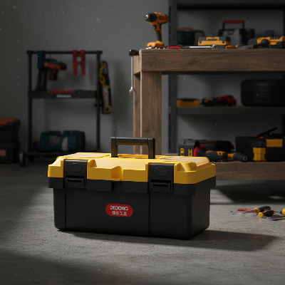 boite a outils jaune sur sol dans atelier