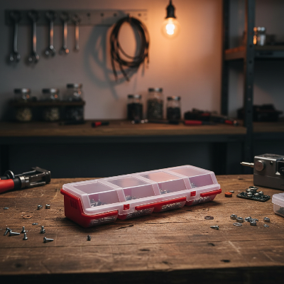 Boite à outils organisateur rouge dans atelier