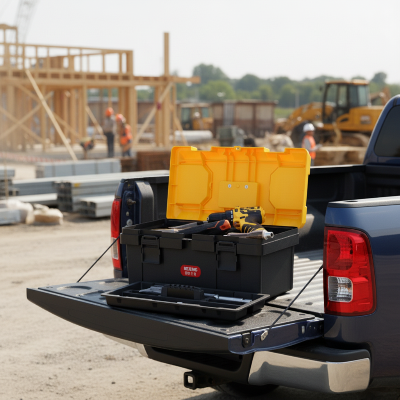 boite a outils ouverte sur coffre du pickup