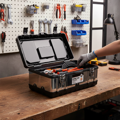 Boite a outils remplie sur établi