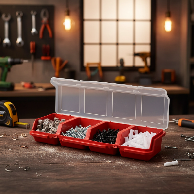 Boite à outils rouge remplie de vis