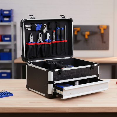Boîte à outils sur établi bien rangé