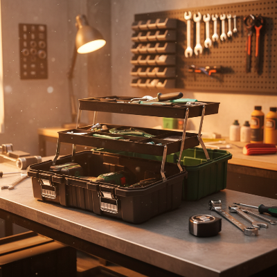 Boite a outils sur établi de travail