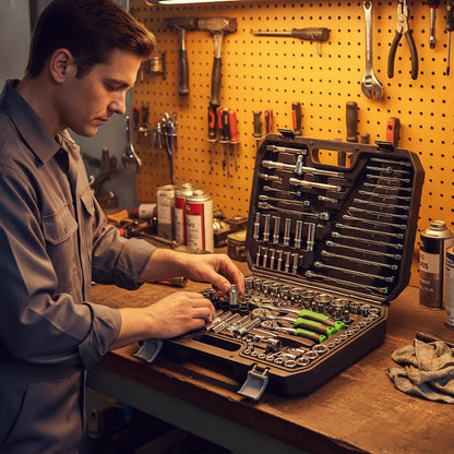 Bricoleur cherche pièces dans coffret cles a douille dans atelier