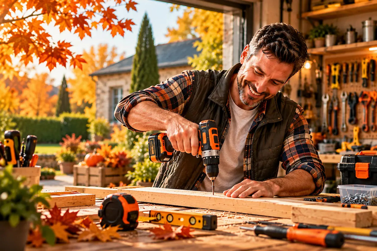 Bricoleur heureux avec outils bricolage dans son atelier en automne format mobile