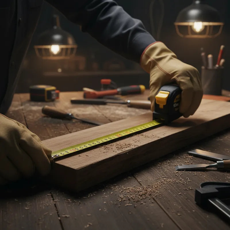 Bricoleur mesure planche bois avec mètre ruban