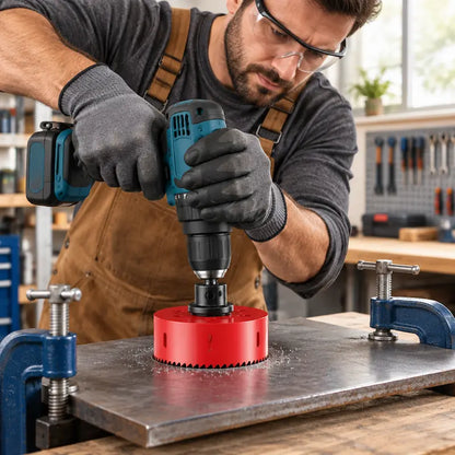 Bricoleur perçant plaque d'acier avec scie cloche rouge