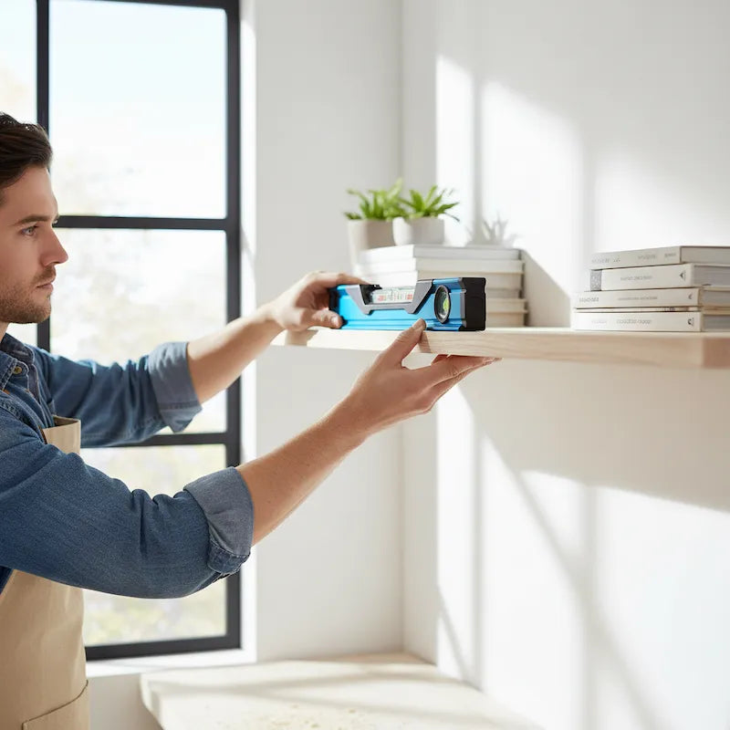 Bricoleur pose tablettes avec niveau de précision à bulle