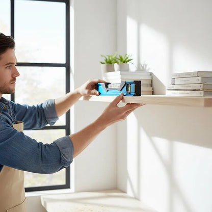Bricoleur pose tablettes avec niveau de précision à bulle