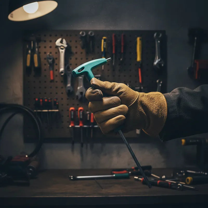 Bricoleur tient cle allen grande taille entre ses mains