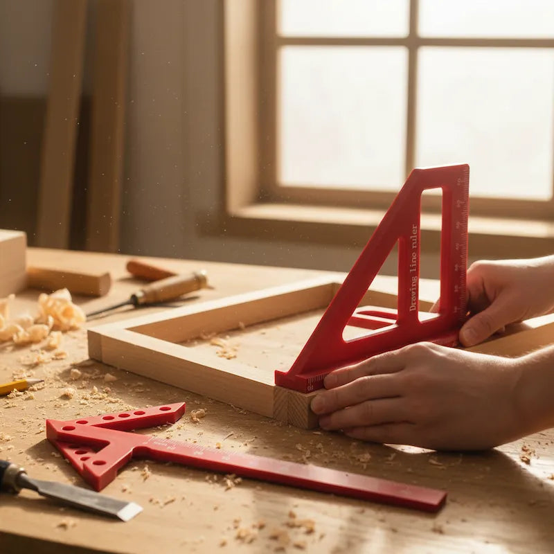 Bricoleur travaille bois avec equerre menuisier