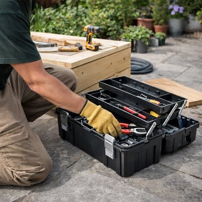 bricoleur utilise caisse a outils chez client