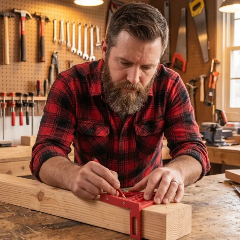 Bricoleur utilise equerre menuisier dans son atelier