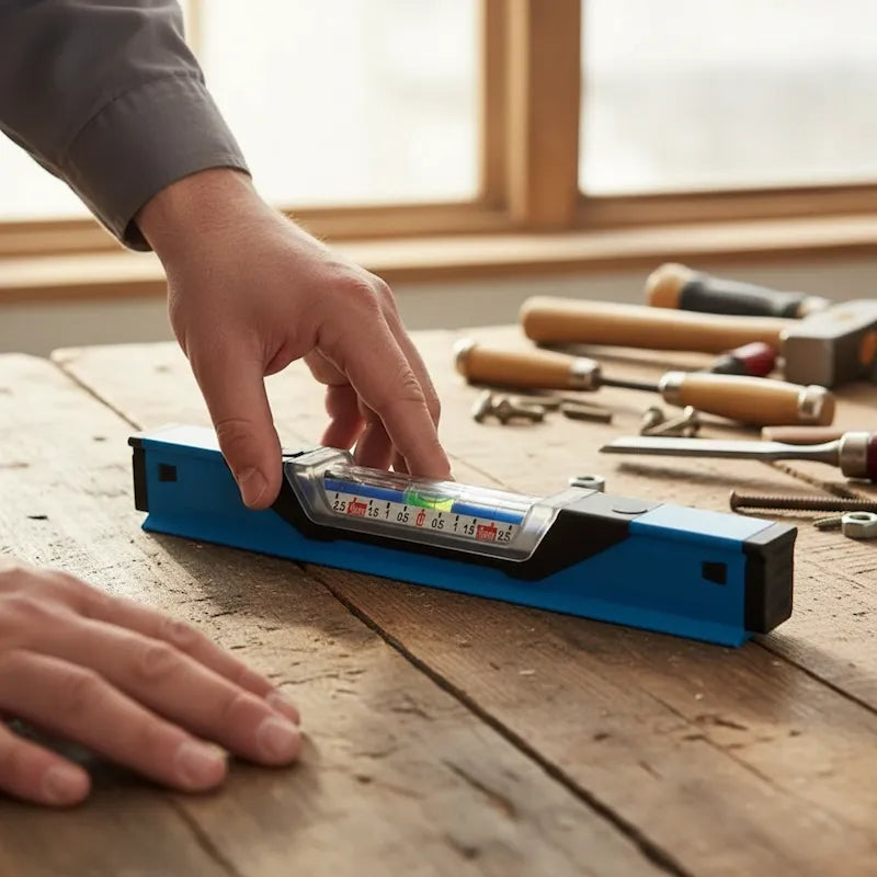 Bricoleur utilise niveau de précision à bulle sur établi atelier