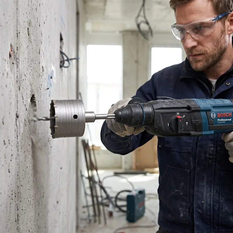 Bricoleur utilise scie cloche beton sur mur béton