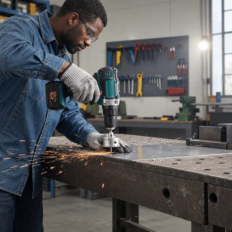 Bricoleur utilise scie cloche sur plaquette métal