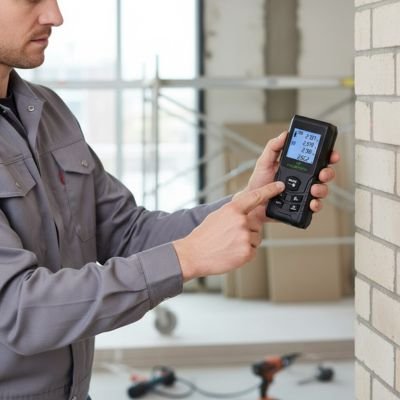 Bricoleur utilise télémètre laser pour travaux