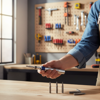 Bricoleur utilise tournevis dans les mains dans atelier